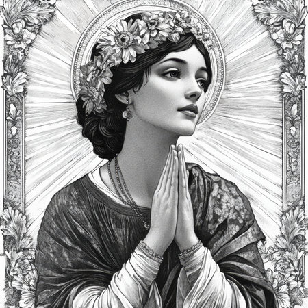 A woman with a peaceful expression, adorned with a radiant halo and floral decorations, her hands gracefully joined in prayer. The vintage-style engraving captures spiritual harmony in detailed black-and-white on white background.の素材