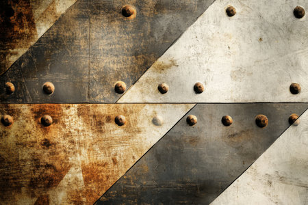A riveted metal sheet with a mix of rusted and polished textures, creating a bold, vintage aesthetic.の素材
