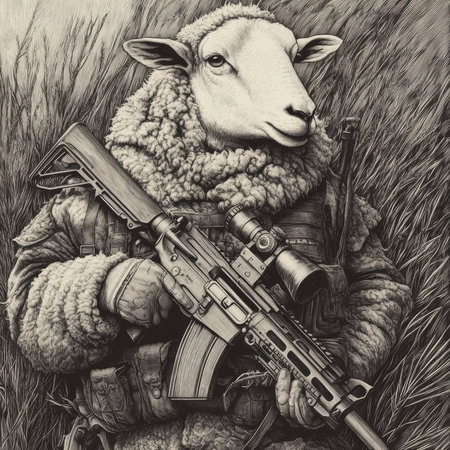 A sheep holding a rifle, dressed in military gear, symbolizing quiet rebellion and irony. The engraving emphasizes wool textures and uniform details in a detailed black-and-white style.の素材