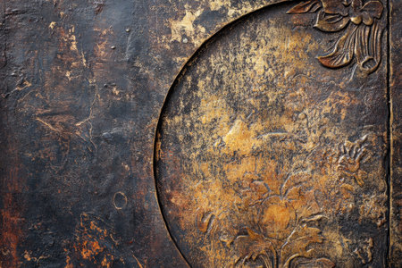 A scratched bronze metal background with deep warm tones and signs of natural wear, offering a rustic and historic vibe.の素材