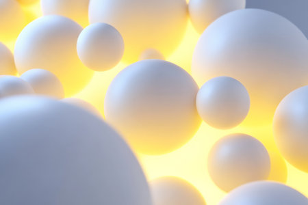 Abstract glowing sphere texture, dynamic white and yellow orbs radiating soft light, futuristic and celestialの素材