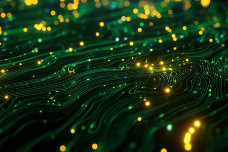 Abstract circuit board texture, intricate metallic green lines and glowing yellow nodes, technological and detailedの素材