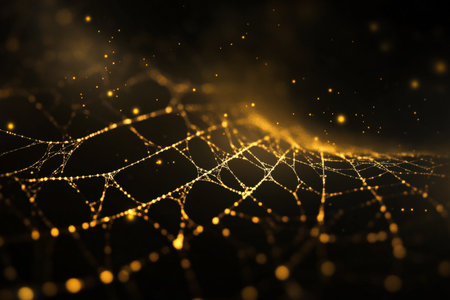 Abstract glowing web texture, intricate golden threads illuminated softly on a dark background, delicate and futuristicの素材