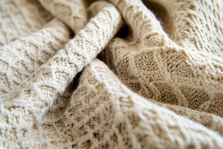 Textured fabric weave close-up, intricate crosshatch patterns in soft beige tones, tactile and naturalの素材