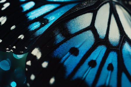 Intricate butterfly wing texture, vibrant blue and black patterns with soft details and shimmering highlightsの素材