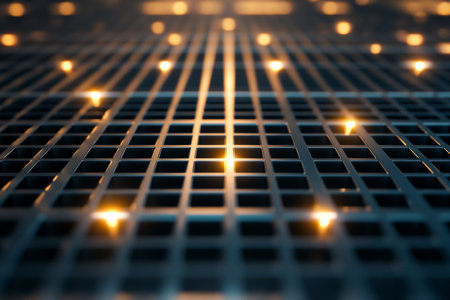 Abstract metallic grid texture, polished steel lines with small glowing nodes, modern and industrial, symmetrical and boldの素材