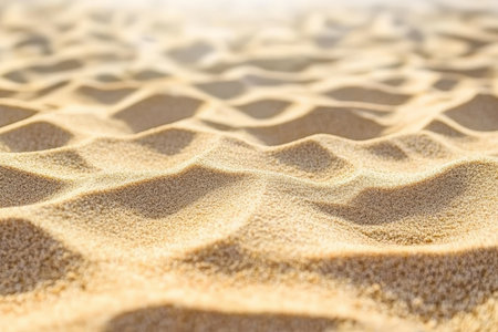 Textured desert sand, fine golden particles with visible ripples shaped by wind, serene and tactileの素材