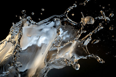 Dynamic water splash texture, frozen motion of droplets in mid-air, clear and vivid, with light refractions on each particleの素材