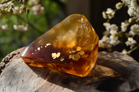 Textured tree sap resin, amber tones with glossy highlights and small natural bubbles, organic and vibrantの素材