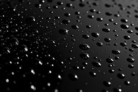 Abstract water droplet texture on a black surface, dynamic reflections and rounded highlights, modern and strikingの素材