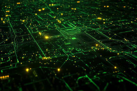 Abstract electric circuit board texture, intricate green lines with glowing yellow nodes on a dark background, high-tech and detailedの素材