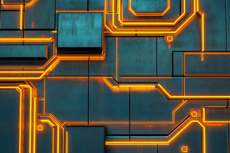 A futuristic metal wall with a grid of glowing orange lines and symmetrical geometric patterns.の素材