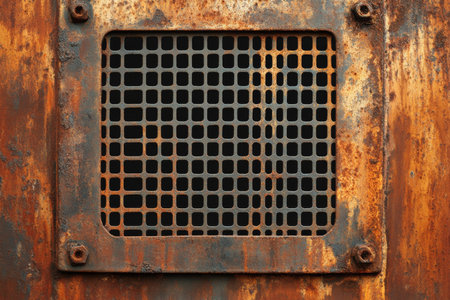 A rusted metal grate background with a bold industrial design, featuring small square perforations and visible corrosion.の素材