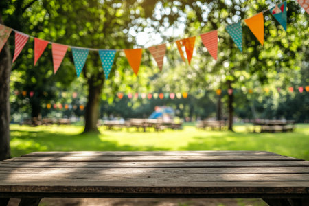 A wooden table set up in a park, surrounded by vibrant multicolored triangular festival flags fluttering in the breeze. The background is softly blurred, focusing on the cheerful decorations and the rustic charm of the wooden table.の素材