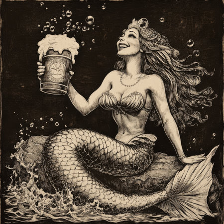 A smiling mermaid seated on a rock, holding a frothy beer mug with bubbles spilling over, her fin splashing gently. The scratchboard engraving captures the playful nautical and pub-inspired design in bold black-and-white textures.の素材