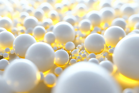 Abstract glowing sphere texture, dynamic white and yellow orbs radiating soft light, futuristic and celestialの素材
