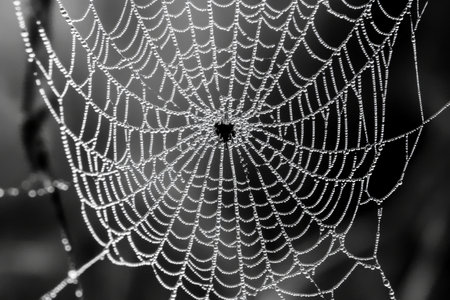 Textured spider web, intricate symmetrical patterns glistening with dew against a dark background, detailed and naturalの素材