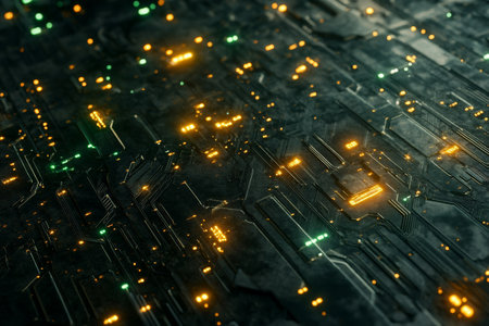 Abstract glowing circuit texture, detailed green pathways and golden nodes on a dark metallic surface, futuristic and intricateの素材