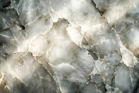 Polished quartz crystal texture, transparent surfaces with subtle white inclusions and dynamic light refractionsの素材