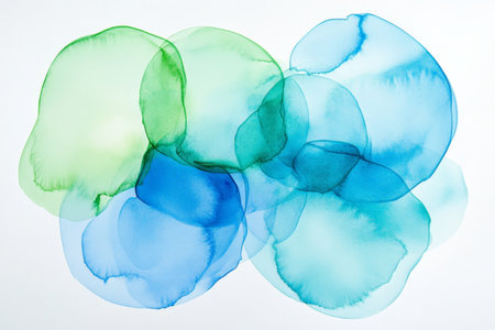 Abstract watercolor blot texture, soft circular gradients of blue and green blending gently, artistic and calmingの素材