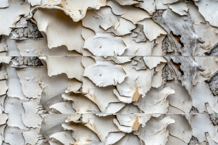 Textured birch bark close-up, white and gray peeling layers with intricate dark lines, natural and rusticの素材