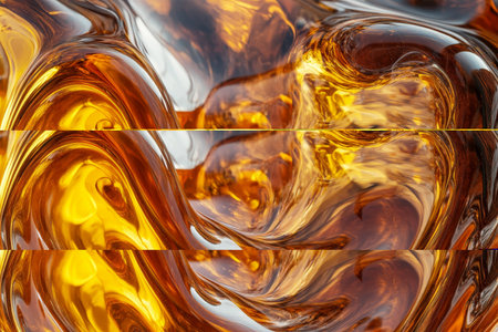 Abstract molten glass texture, dynamic orange and yellow flows with glossy light reflections, intense and fluidの素材