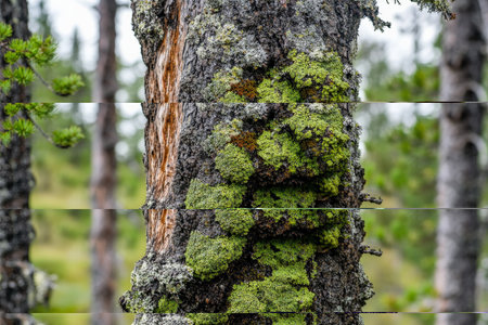 Textured tree trunk with moss, deep brown bark covered in vibrant green patches, rugged and naturalの素材