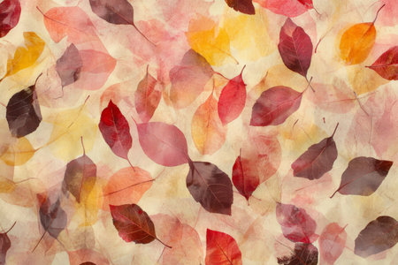 Textured autumn leaves, scattered red, yellow, and brown leaves with visible veins and soft edges, natural and vibrantの素材