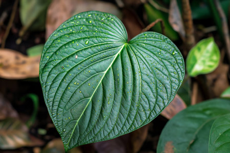 Lush rainforest leaf texture, vibrant green veins with dew drops scattered across the surface, detailed and freshの素材