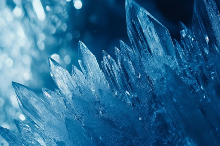 Textured ice crystals close-up, sharp angular formations glowing pale blue, intricate and coldの素材