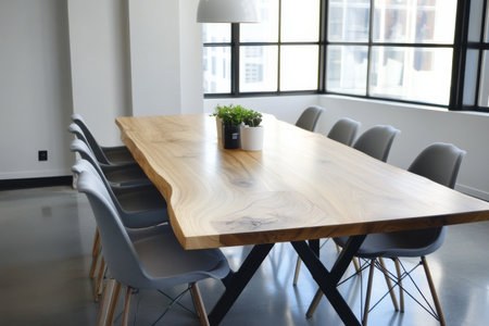 A light, airy meeting room with eco-friendly design elements. The wooden table is the focal point, surrounded by gray modern chairs, with white lamps providing gentle lighting. A green plant sits on the concrete floor, and a large window offers a scenic city view.の素材