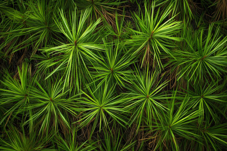 Dense pine needle forest floor texture, soft overlapping green and brown tones, natural and texturedの素材