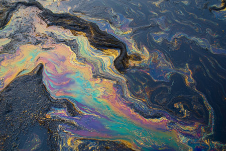 Vivid abstract oil spill texture, iridescent colors blending dynamically on a dark surface, modern and fluidの素材