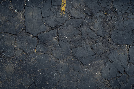 Urban asphalt road texture, dark gray with visible cracks, faded yellow lane markings, and scattered gravelの素材