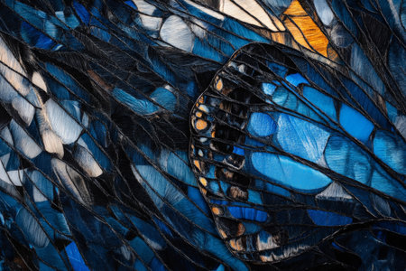Intricate butterfly wing texture, vibrant blue and black patterns with soft details and shimmering highlightsの素材