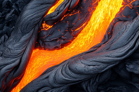 Smooth flowing lava texture, vivid orange and red glowing streams, dynamic and intense, with a hint of dark cooling crustの素材