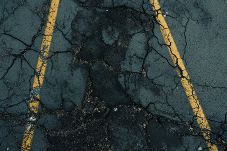 Urban asphalt road texture, dark gray with visible cracks, faded yellow lane markings, and scattered gravelの素材