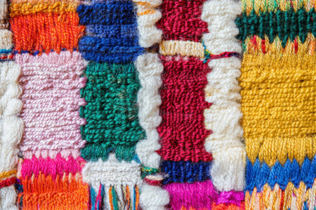 Abstract woven textile texture, colorful threads creating intricate geometric patterns, cultural and vibrantの素材