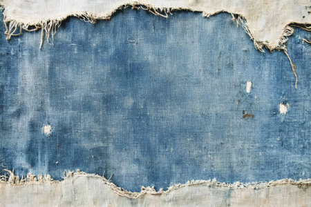 Worn fabric texture, visible threads and fraying edges in faded blue tones, casual and agedの素材