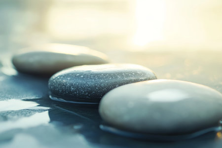 Textured smooth pebbles, glossy gray and beige stones arranged naturally in soft sunlight, calming and organicの素材