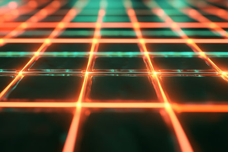 Abstract luminous grid texture, dynamic neon orange and green lines forming intricate patterns, futuristic and modernの素材