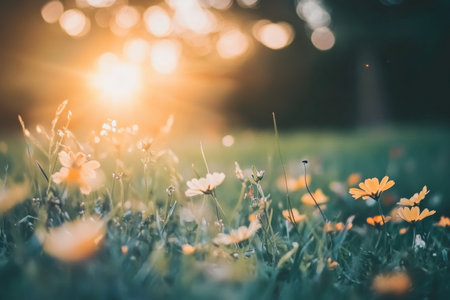 Textured sunlit wildflowers, vibrant orange and yellow blooms scattered across green grass, warm and naturalの素材