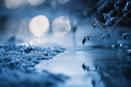 Textured icy surface, intricate frost details and glowing blue reflections under cold light, serene and detailedの素材