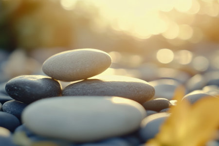 Textured smooth pebbles, glossy gray and beige stones arranged naturally in soft sunlight, calming and organicの素材