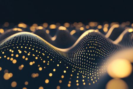 Abstract glowing sphere pattern, dynamic golden orbs radiating warm light in a dark expanse, elegant and radiantの素材