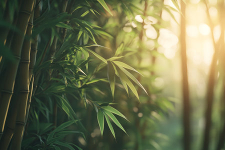 Textured bamboo forest, dense green stalks with intricate natural grooves and soft sunlight filtering through, serene and lushの素材