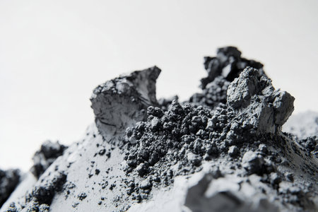 Textured volcanic ash, rugged gray and black particles with visible fine dust, bold and tactileの素材