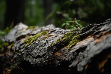 Textured tree bark, rugged brown tones with visible natural grooves and fine moss accents, rustic and naturalの素材