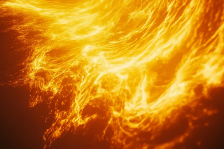 Abstract liquid energy pattern, dynamic orange and yellow waves radiating intense heat, futuristic and dramaticの素材