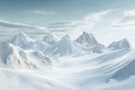 Textured icy mountain peaks, rugged white and gray formations glowing under a soft blue sky, majestic and sereneの素材